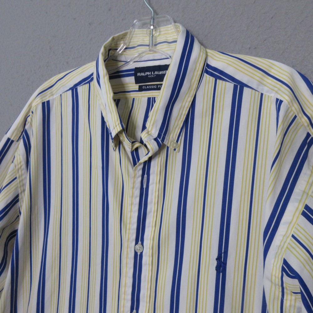 Vintage Ralph Lauren Golf Shirt Men Large Blue Yellow 90s‎ Y2K Classic Fit Pony